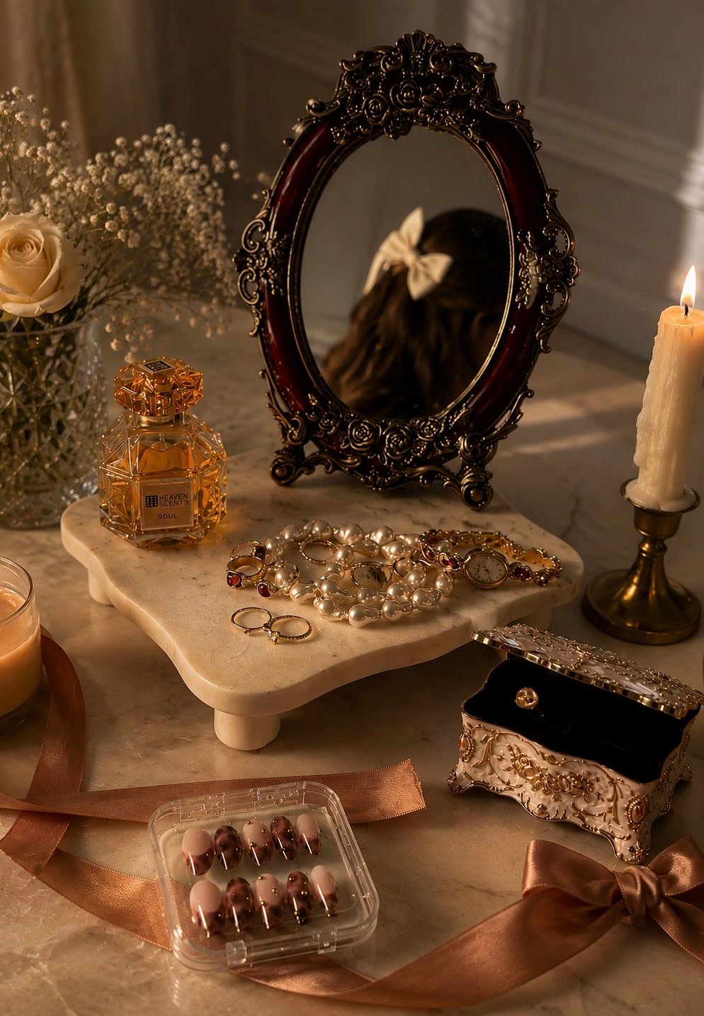 A Roselia set in its case on a marble vanity with pearls, perfume, a candle and a silk ribbon